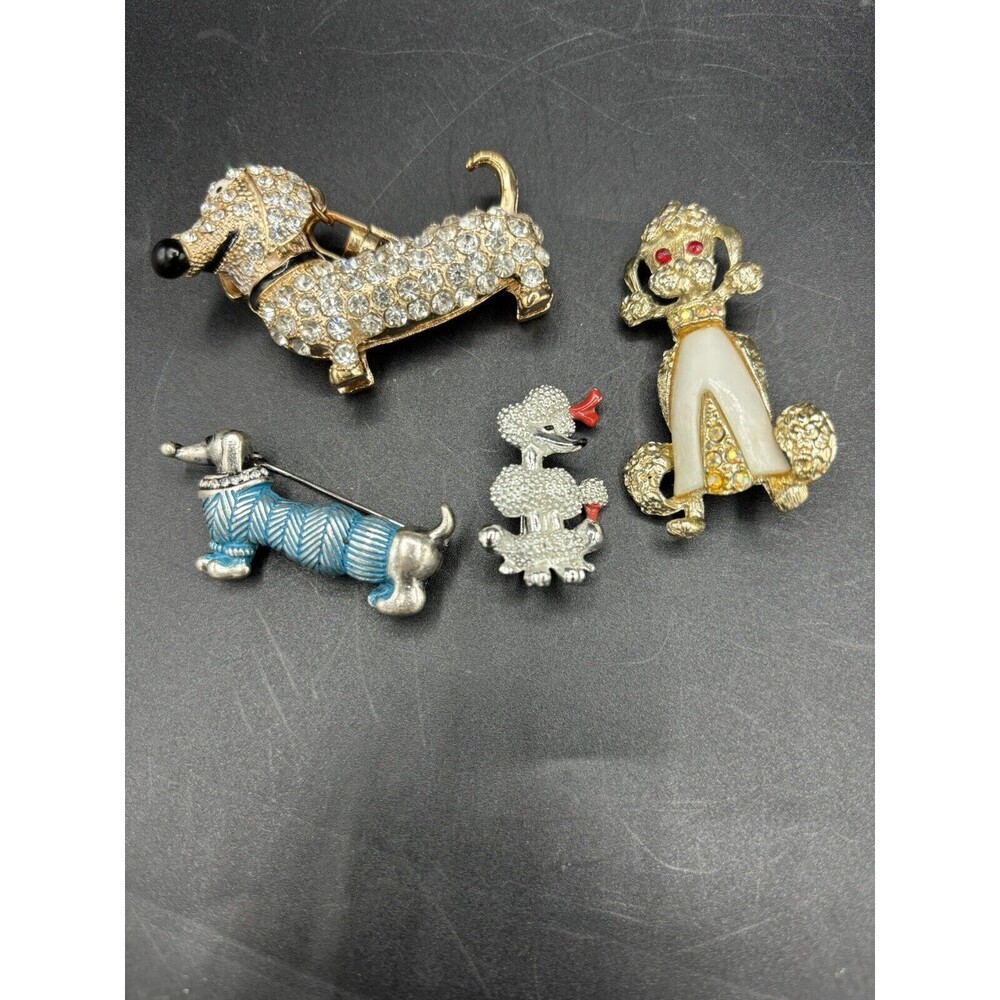 Vintage Dog Brooches 2 Poodle 1 Dachshund Pin & 1 modern Poodle Keychain 4pc Lot